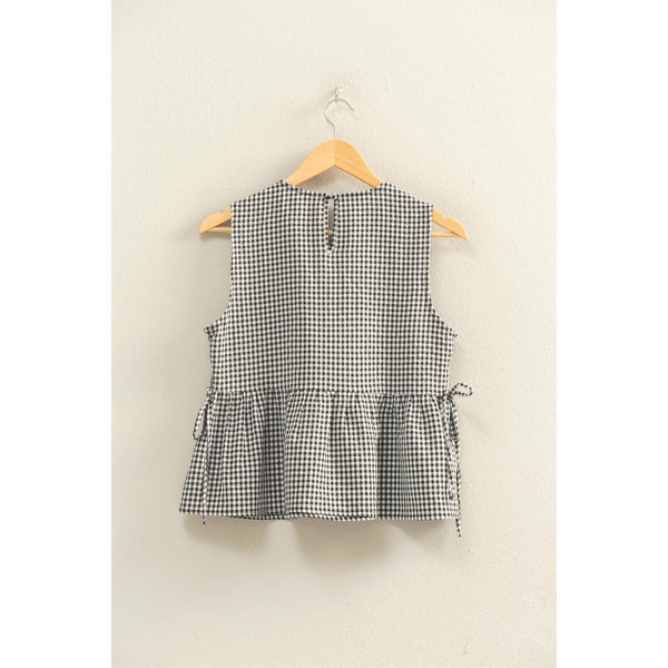 Black Gingham Sleeveless Peplum Top
