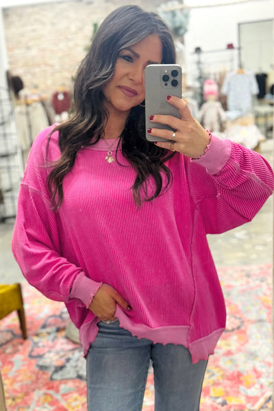 Strawberry Pink Ribbed Uneven Hem Top