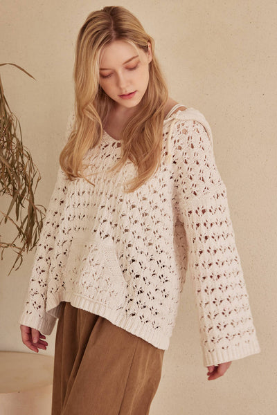 Ivory Hooded Crochet Sweater