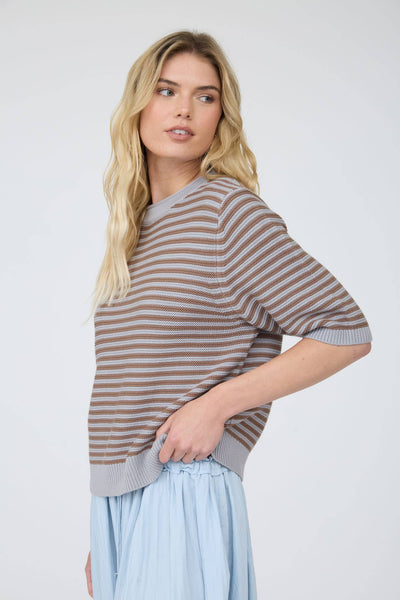Gray and Mocha Textured Stripe Crew Neck Half Sleeve Sweater