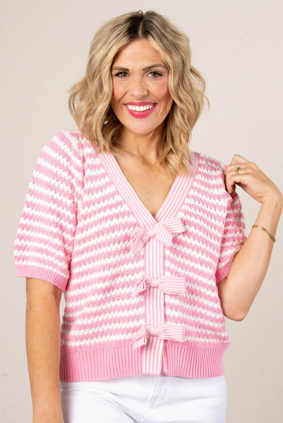 Pink Stripe Short Sleeve Bow Knot Sweater