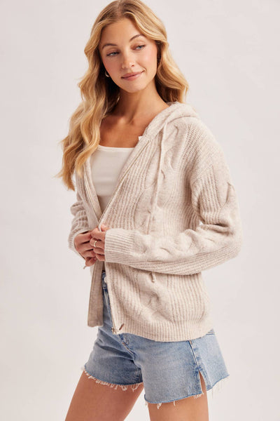 Oatmeal Zip-Up Cable Knit Sweater Cardigan With Hood