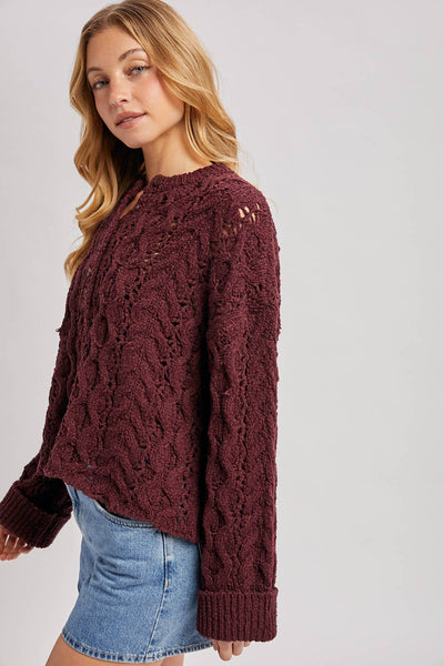 Maroon Button Open Knit Sweater