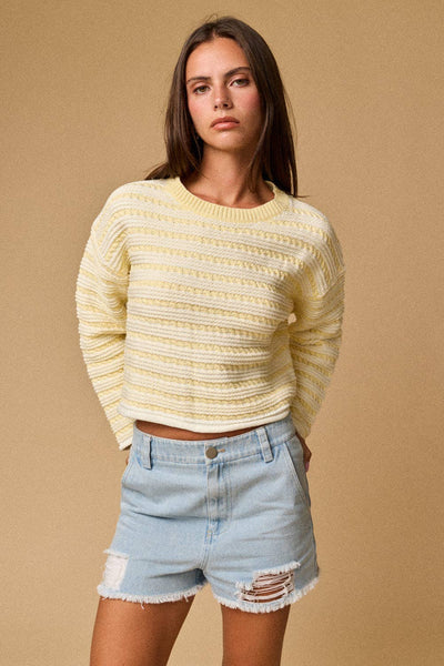 Yellow Textured Stripe Cropped Knit Top