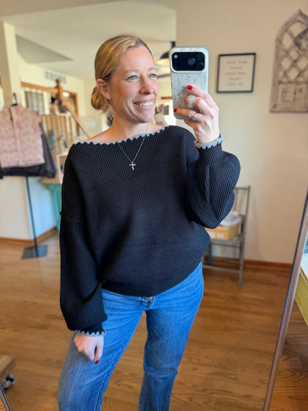 Black & Grey Boat Neck Sweater