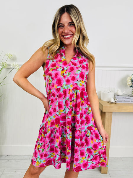 Aqua & Pink Floral Comfort Stretch Tiered Lizzy Dress