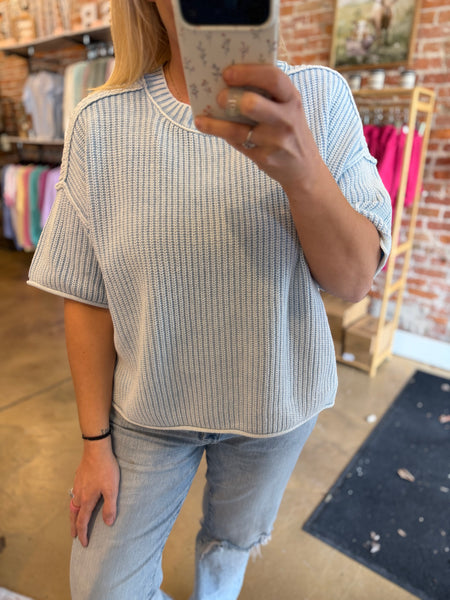 Light Blue Mineral Wash Short Sleeve Knit Top