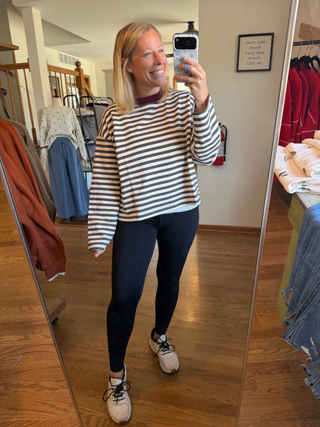 Charcoal Stripe Color-Block Trim Top