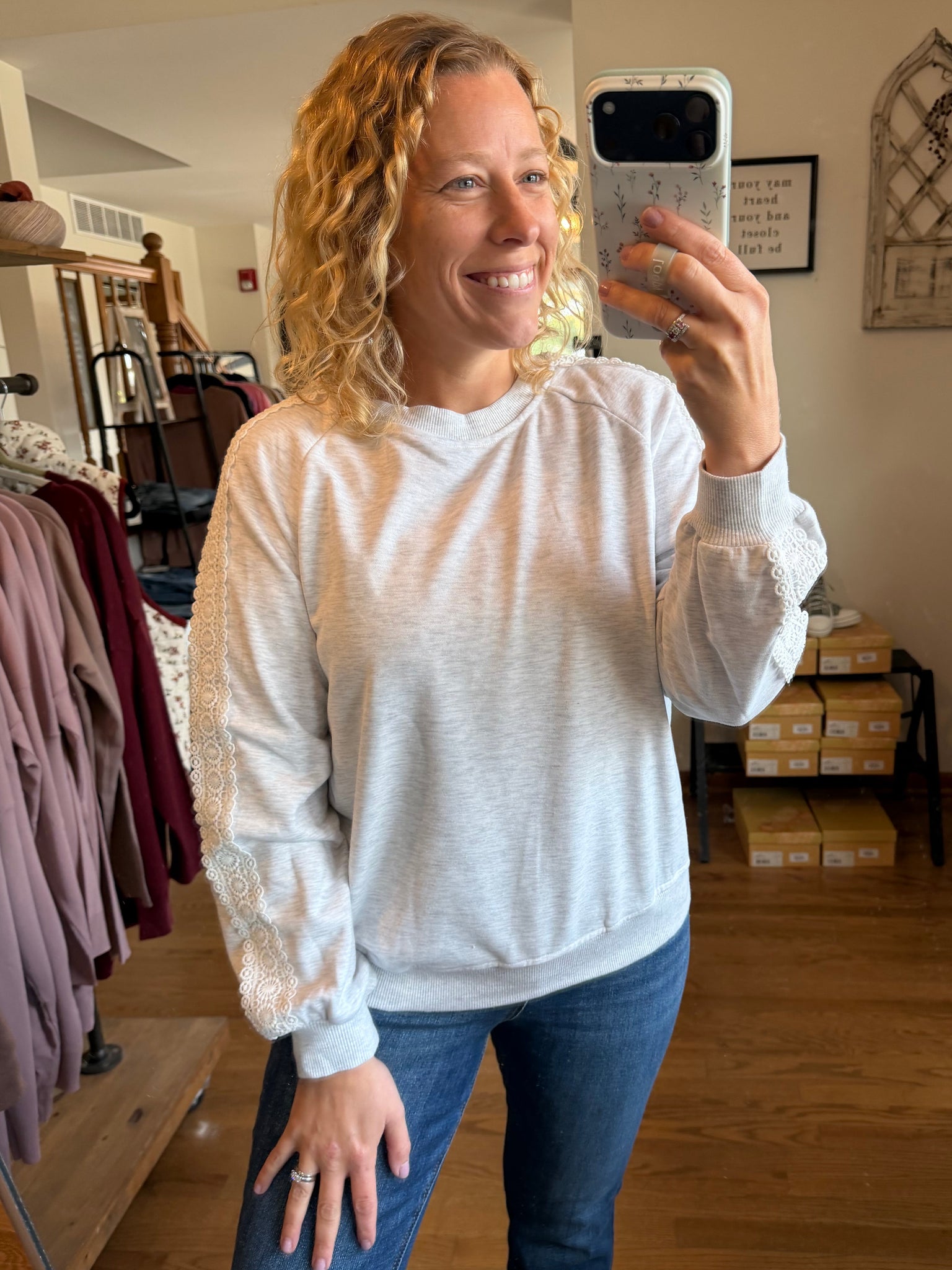 Light Grey Lace Sleeve Crew Neck Sweatshirt