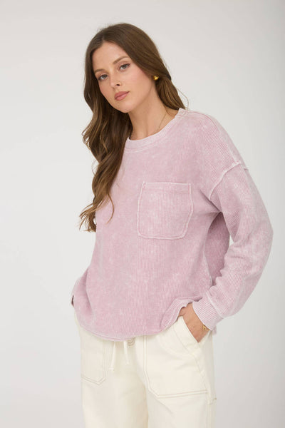 Mauve Mineral Wash Pocket Long Sleeve Knit Top