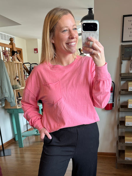Taffy Pink Oversized Washed Long Sleeve Pocket Tee