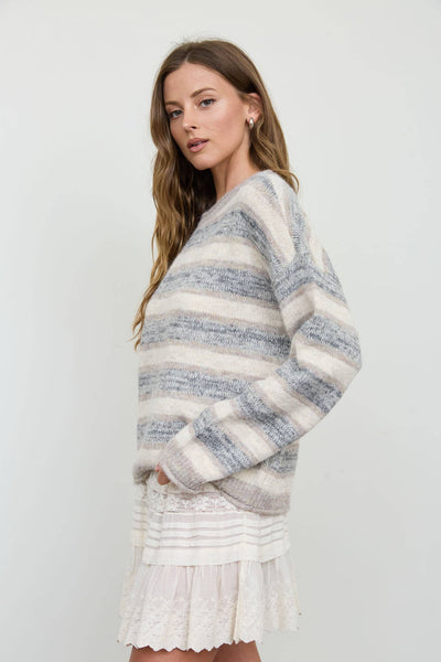 Light Gray and Mocha Heathered Stripe Knit Sweater