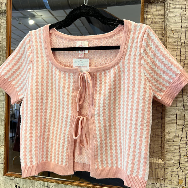 Blush & Off White Tie Front Short Sleeve Cardigan