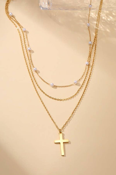 Gold 18K Stainless Steel Tarnish Free Layered Cross Necklace