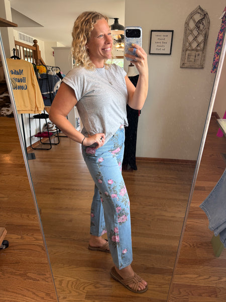 Sky Blue Floral Print Bootcut Jeans