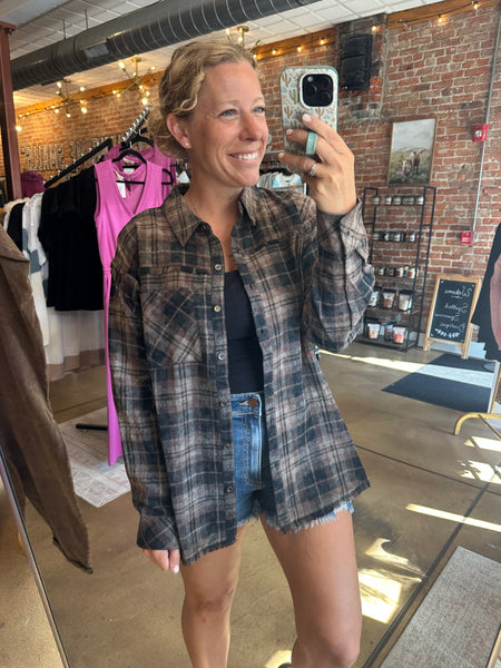 Black & Brown Plaid Frayed Hem Flannel