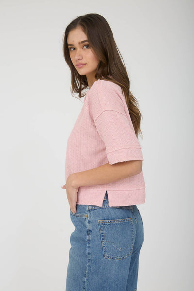 Pink Raw Edge Short Sleeve Henley Top