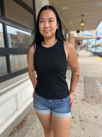 Black Embroidered Edge Tank