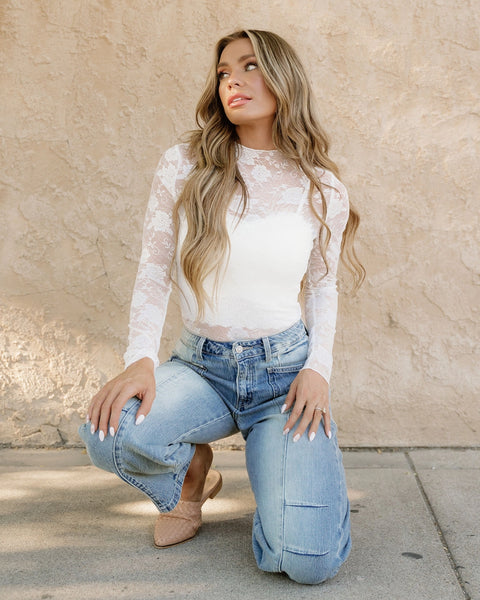 White Sheer Floral Lace Mock Neck Top