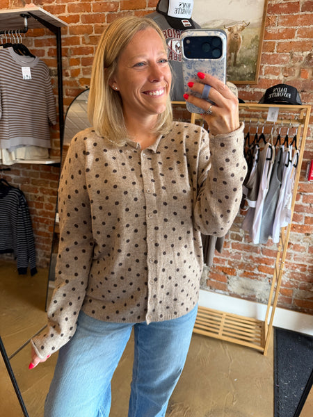 Polka Dot Button Down Raw Edge Knit Cardigan