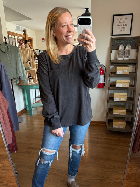 Black Oversized Washed Long Sleeve Pocket Tee