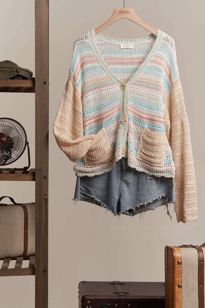 Multi Stripe Crochet Button Cardigan