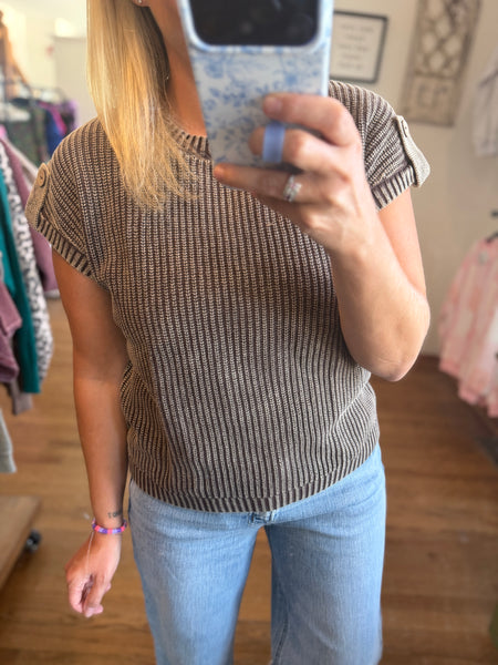 Dark Brown Acid Wash Back Button Knit Top