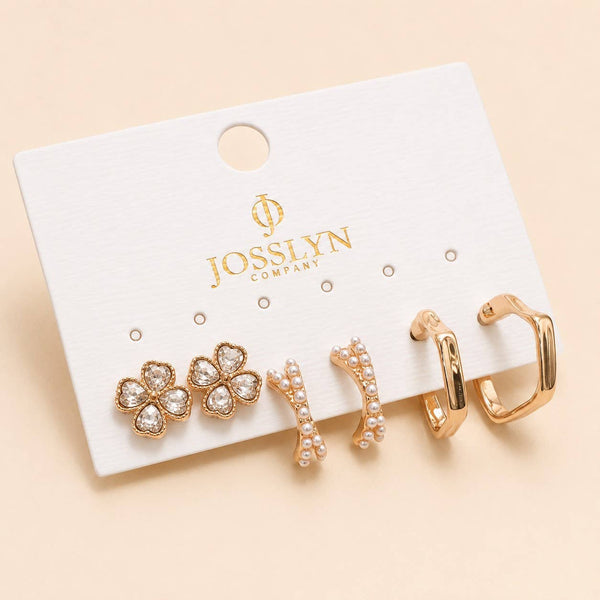 Gold Floral Gem Pearl Hoop Trio Earrings