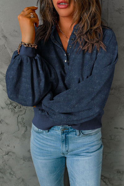 Blue Washed Snap Neckline Pullover Sweatshirt