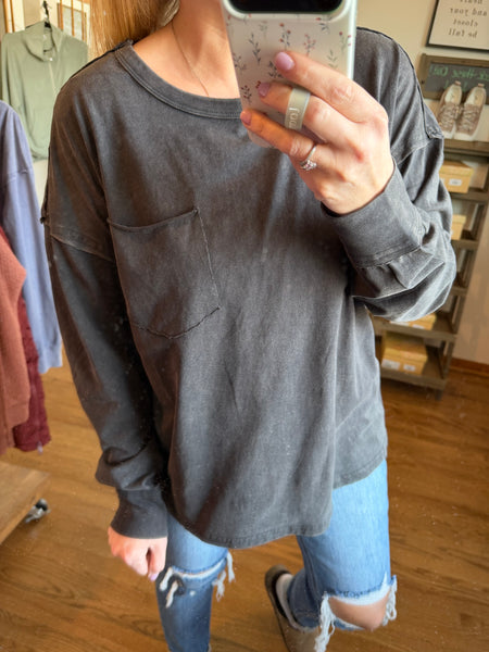 Black Oversized Washed Long Sleeve Pocket Tee