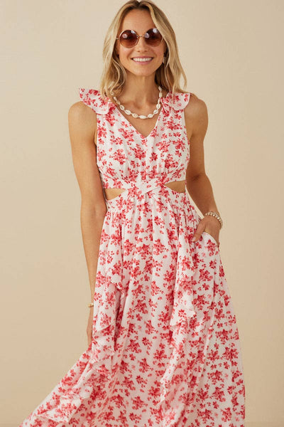 Pink Floral Ruffle Cutout Midi Dress
