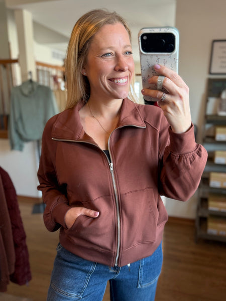 Chestnut High Neck Long Sleeve Zippered Jacket