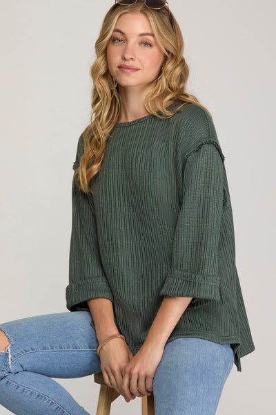 Slate Folded Sleeve Textured Top
