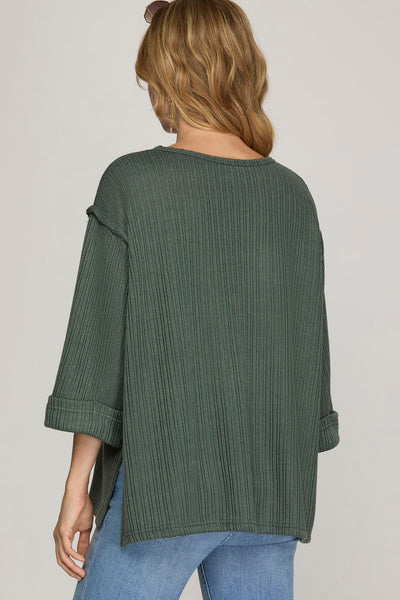 Slate Folded Sleeve Textured Top