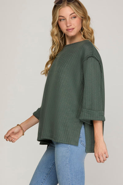 Slate Folded Sleeve Textured Top