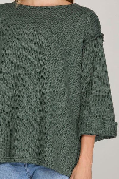 Slate Folded Sleeve Textured Top