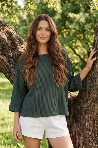 Slate Folded Sleeve Textured Top