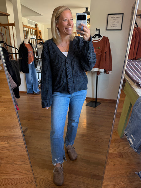 Charcoal Chenille Flower Button Cardigan