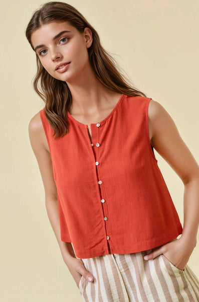 Coral Button Front Cropped Tank Top