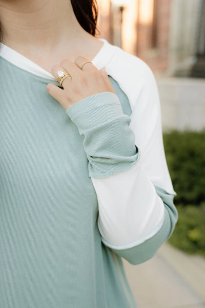 Sage Ribbed Color-Block Patchwork Raglan