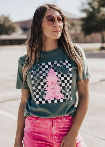 Blue Spruce Pink Christmas Tree Graphic Tee