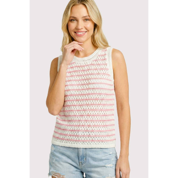 Pink Stripe Crochet Sleeveless Sweater