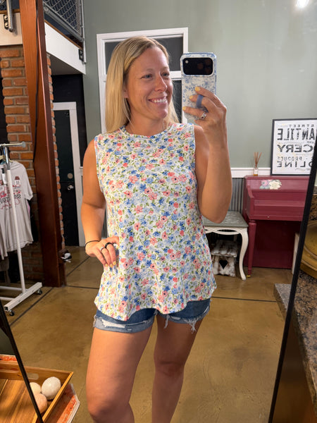 Ivory & Blue Floral Sleeveless Top