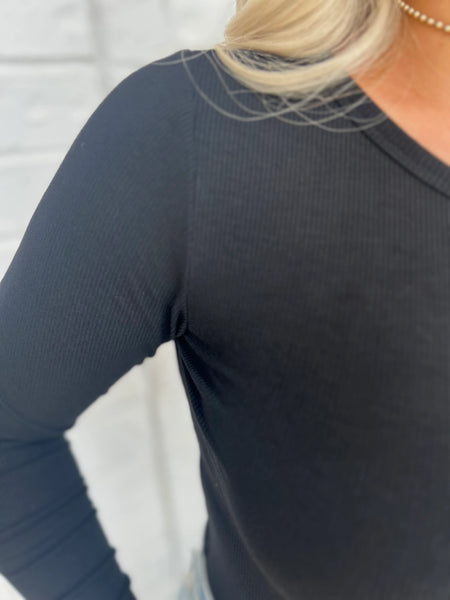 Black Ribbed Long Sleeve Bodysuit