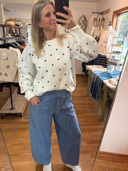 Blue Everyday Wander Textured Cotton Barrel-Leg Pants