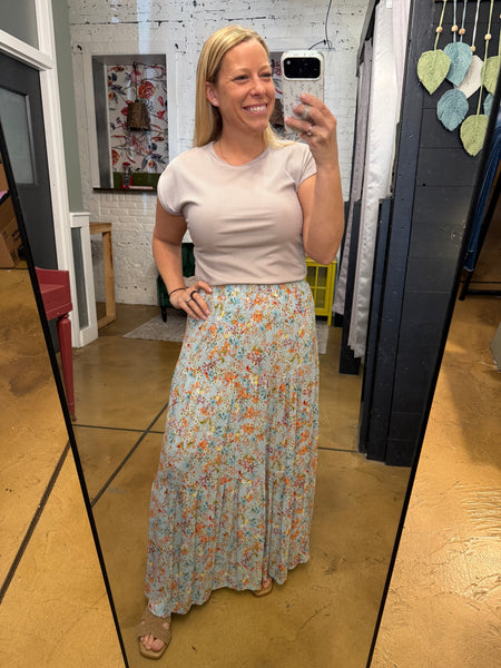 Sky Blue Floral Tiered Maxi Skirt