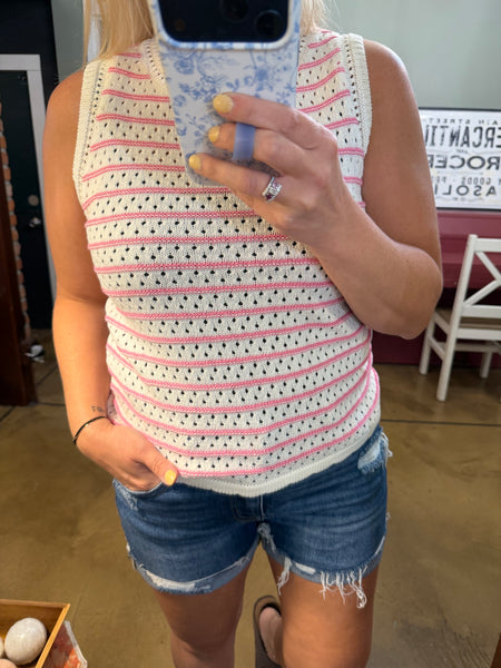 Pink Stripe Crochet Sleeveless Sweater