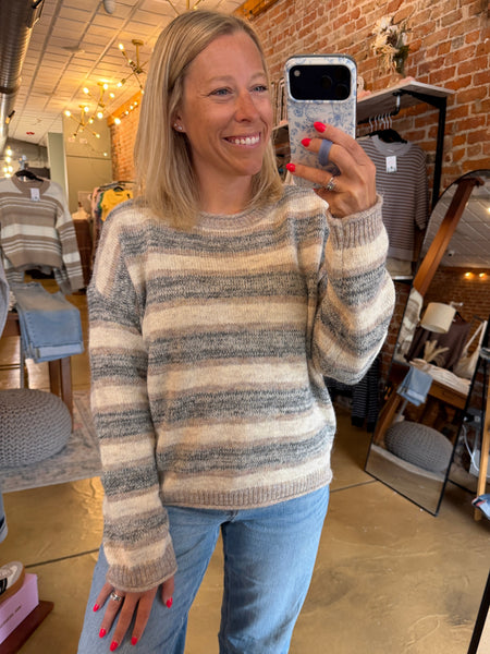 Light Gray and Mocha Heathered Stripe Knit Sweater