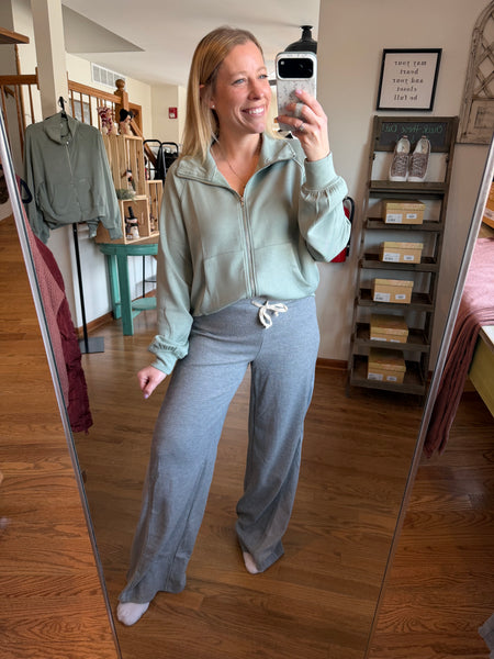 Sage Green High Neck Long Sleeve Zippered Jacket