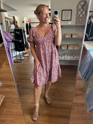 Rust Floral Mini Dress With Pockets